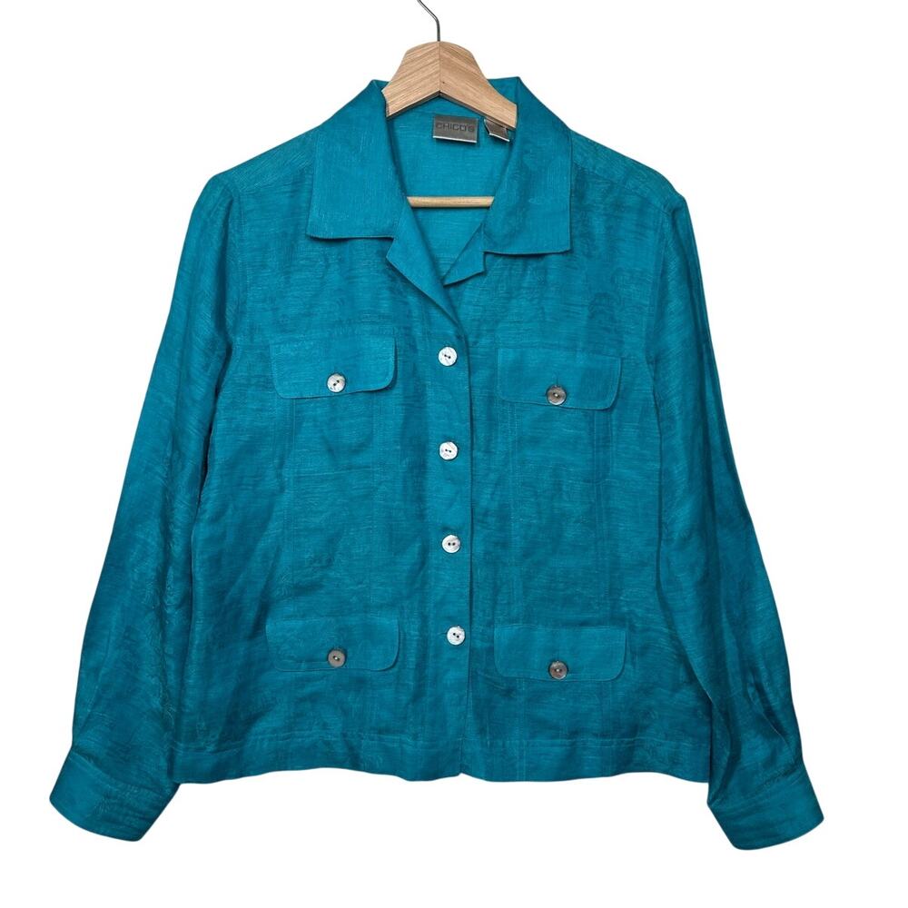 Chico’s Linen Silk Jacquard Utility Jacket Teal Button Front Pockets Sz 0 / L